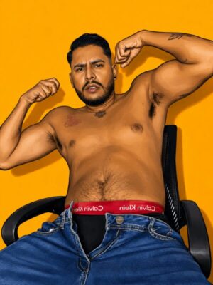 Shirtless man seated in a chair, flexing his arms to show muscular biceps against a bright orange background.
